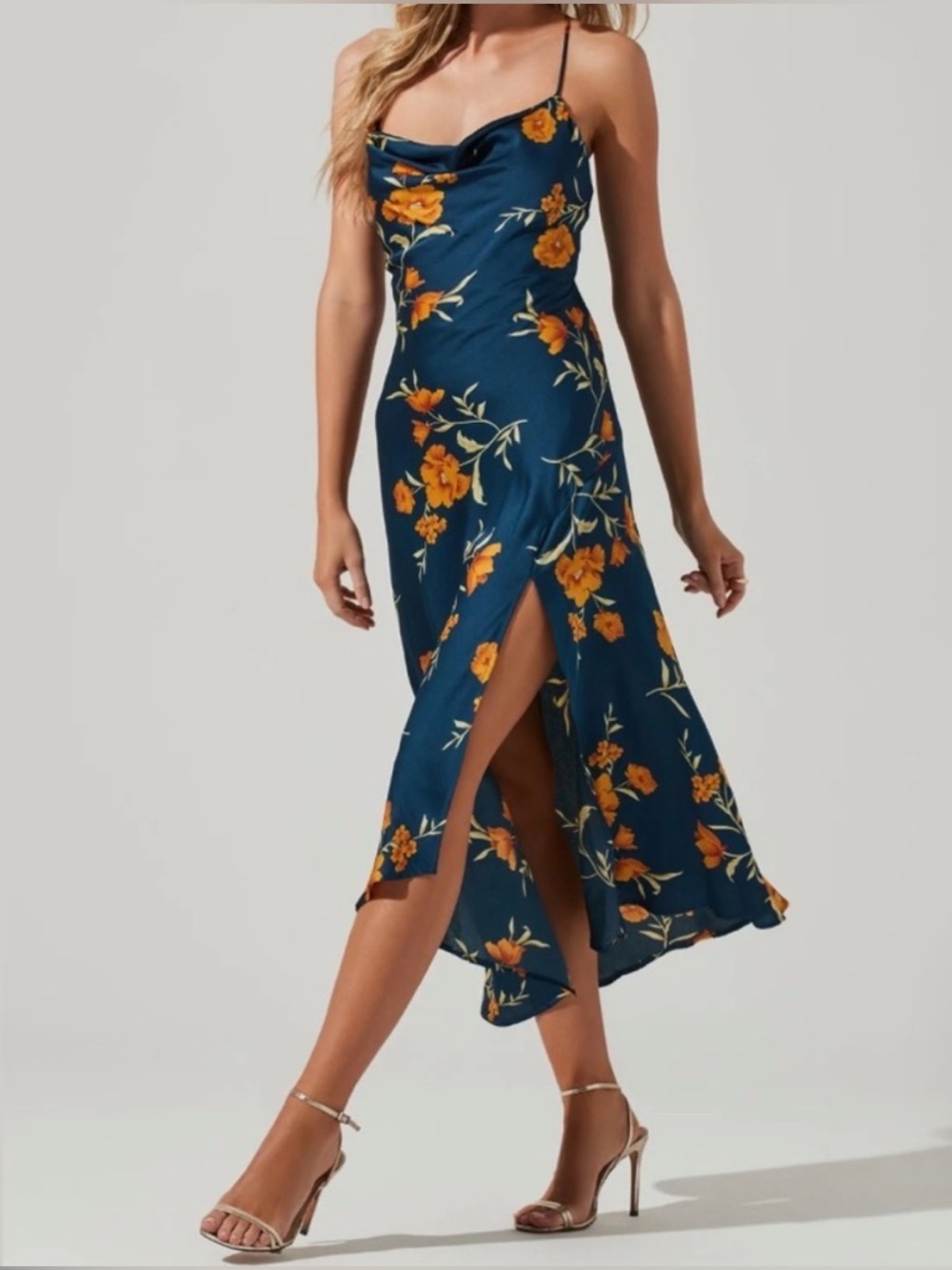 ASTR the Label Gaia Floral Slip Midi Dress with side slip - Navy/Gold - Small